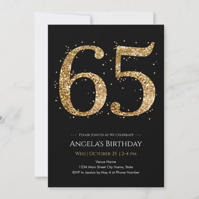 65-årsdag Guld Glitter svart  Inbjudningar (Framsida)