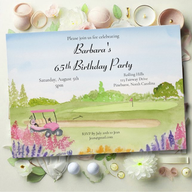 65-årsfest Fint rosa golfvagn golfbana Inbjudningar (Skapare uppladdad)
