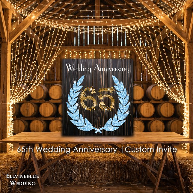 65-årsjubileum | Safir, rustik trä & guld Inbjudningar (65th Wedding Anniversary Invite | Rustic Wood & Blue Sapphire Laurel. Size: 5.25” x 5.25”)
