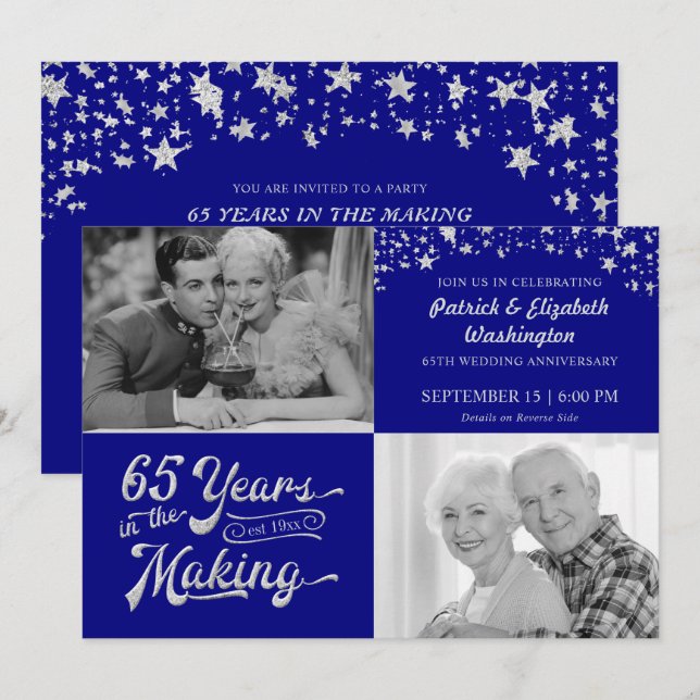 65-årsjubileum Safir Silver Glitter Stjärnor Inbjudningar (Fram/baksida)