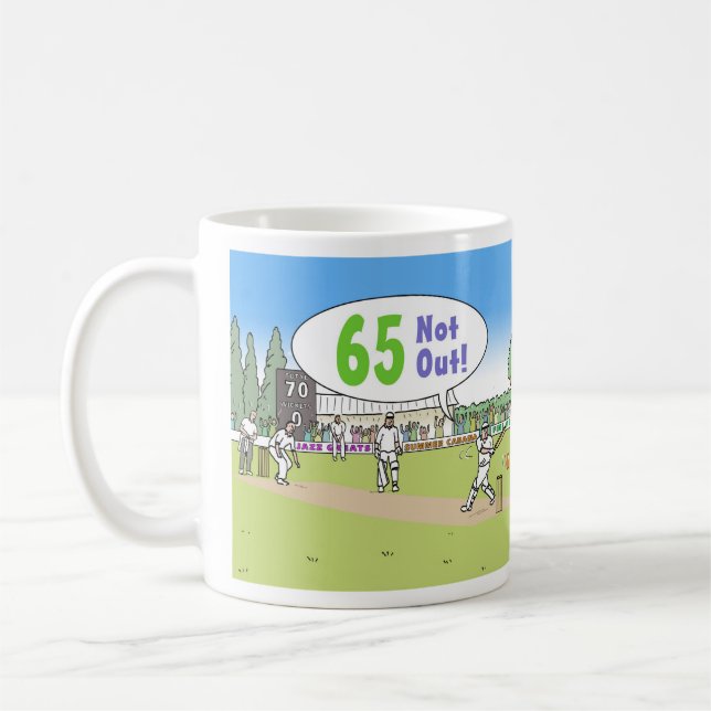 65 Inte ut från krickettema. 65e Birthday Kaffemugg (Vänster)