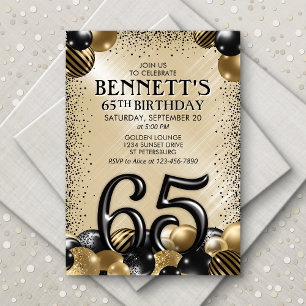 65e Balloons Black Guld Birthday Inbjudningar