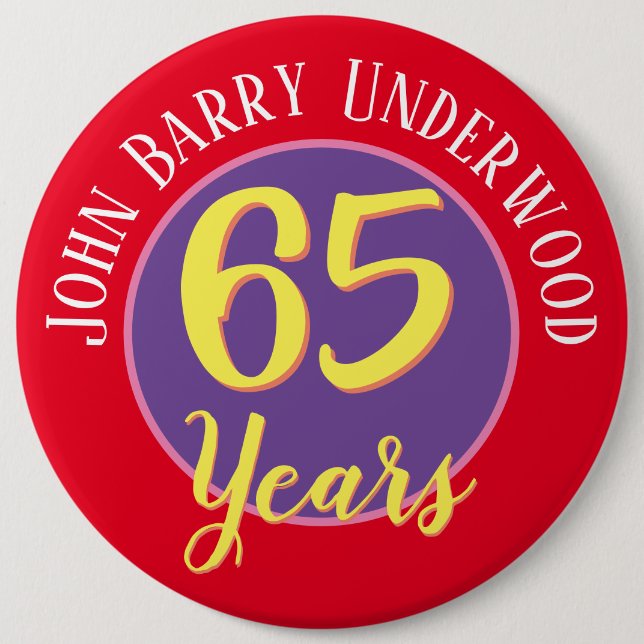 65e Birthday Badge to Personalize. Knapp (Framsida)