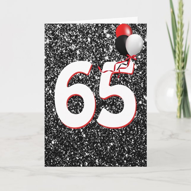 65e Birthday Balloon Black Glitter Kort (Framsida)