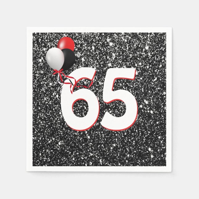 65e Birthday Balloon Black Glitter Napkins Pappersservett (Framsidan)