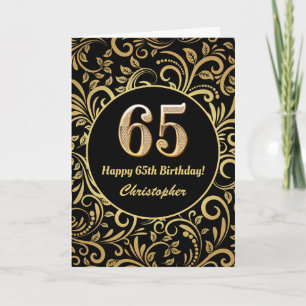 65e Birthday Black and Guld Blommönster Kort