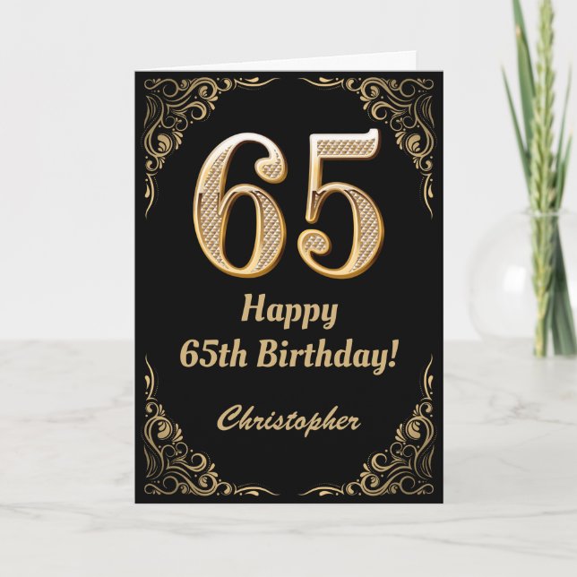 65e Birthday Black och Guld Glitter Ram Kort (Framsida)