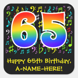 65e Birthday: Colorful Music Symbols, Rainbow 65 Fyrkantigt Klistermärke
