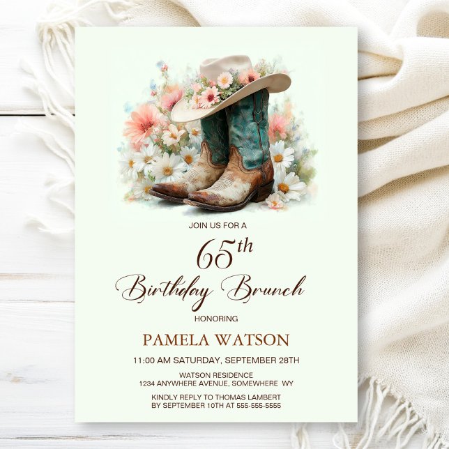 65e Birthday Cowgirl Boots Birthday Brunch Inbjudningar (Skapare uppladdad)