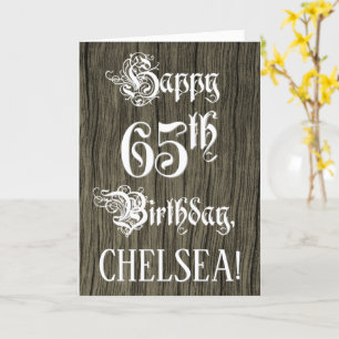 65e Birthday: Finare, Elegant Text; Faux Wood look Kort