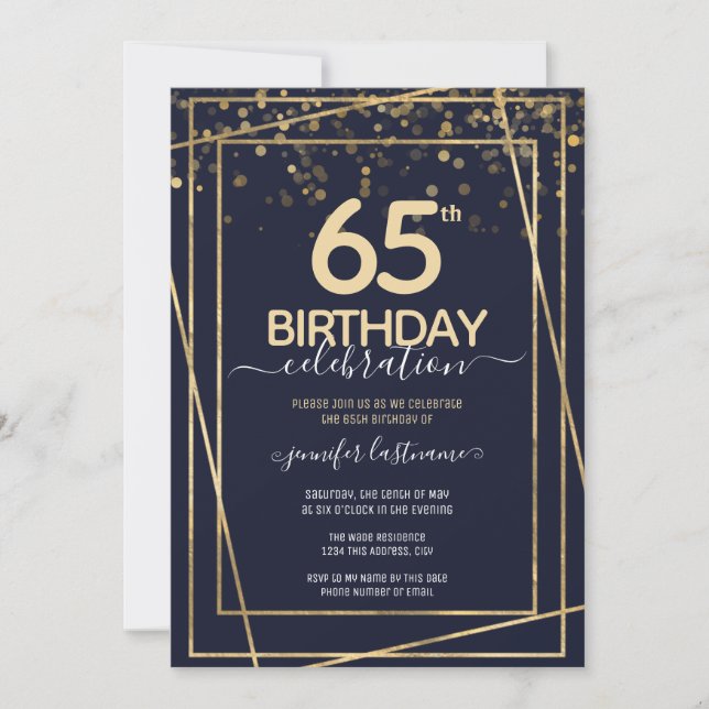 65e Birthday Guld och Blue-inbjudan Inbjudningar (Framsida)