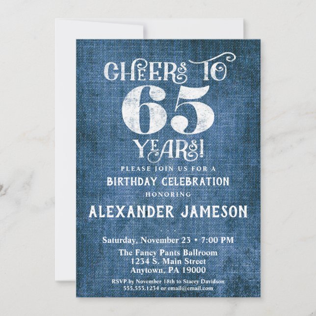 65e Birthday-inbjudan Blue Linen Rustic Cheers Inbjudningar (Framsida)