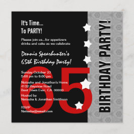 65e Birthday Modern Red Silver Black Funny D845D1 Inbjudningar