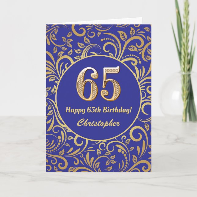 65e Birthday Navy Blue and Guld Blommönster Kort (Framsida)