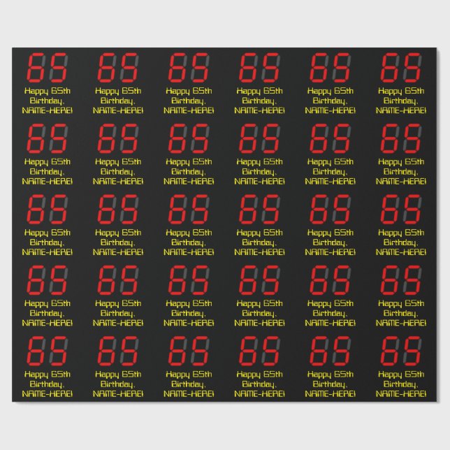 65e Birthday: Red Digital Clock Stil "65" + Namn Presentpapper (Platt)