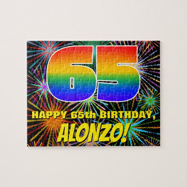 65e Birthday: Roligt, Colorful Celebratory Firewor Pussel (Horisontell)