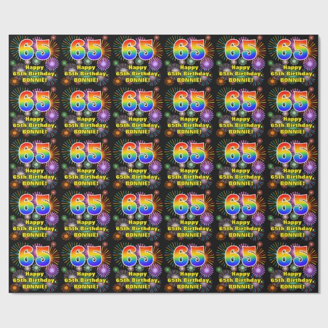 65e Birthday: Roligt Fireworks, Rainbow look # "65 Presentpapper (Platt)