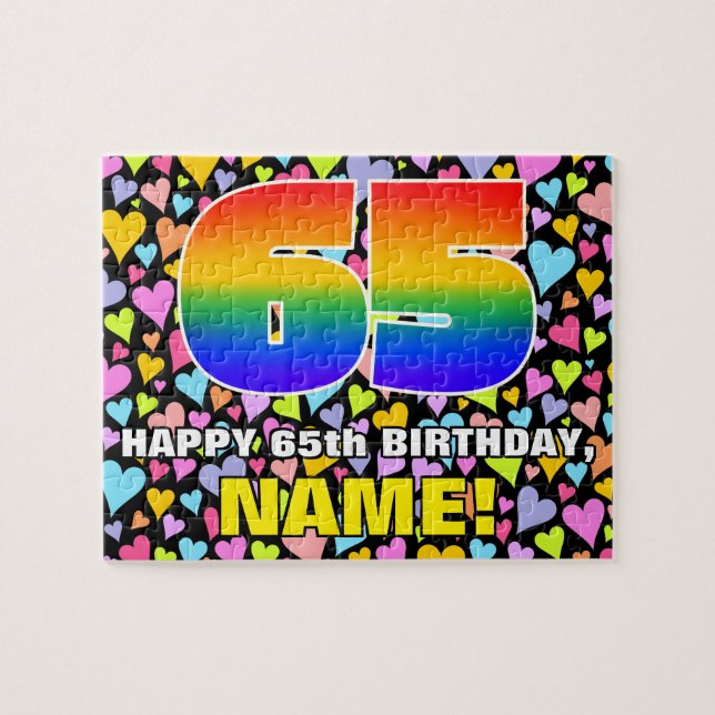 65e Birthday - Roligt, Loving Heart Shapes + "65" Pussel (Horisontell)