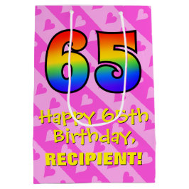65e Birthday: Roligt Rosa Hearts Rand; Rainbow 65