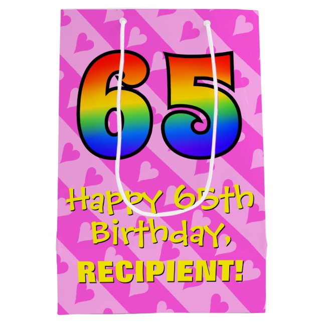 65e Birthday: Roligt Rosa Hearts Rand; Rainbow 65 (Baksidan)