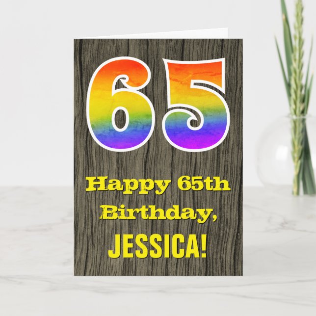 65e Birthday: Rustic Faux Wood look, Rainbow ’65’ Kort (Framsida)