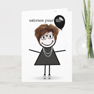 65e Birthday Stick figur Girl med Balloon Kort
