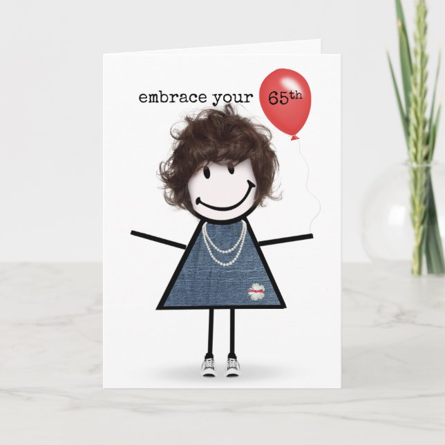 65e Birthday Stick figur Girl med Red Balloon Kort (Framsida)
