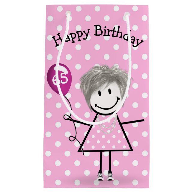 65e Birthday Stick Girl med Rosa Balloon (Framsidan)