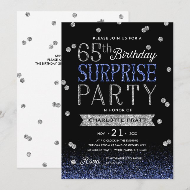 65e Blue Silver Glitter Confetti Surprise Party Inbjudningar (Fram/baksida)