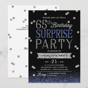 65e Blue Silver Glitter Confetti Surprise Party Inbjudningar