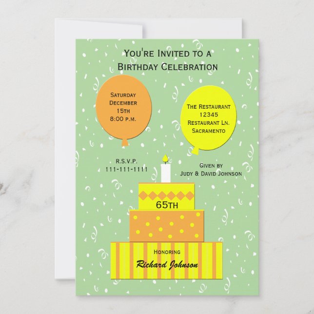 65e Cake för 65e Födelsedagsfest inbjudan Roligt (Framsida)