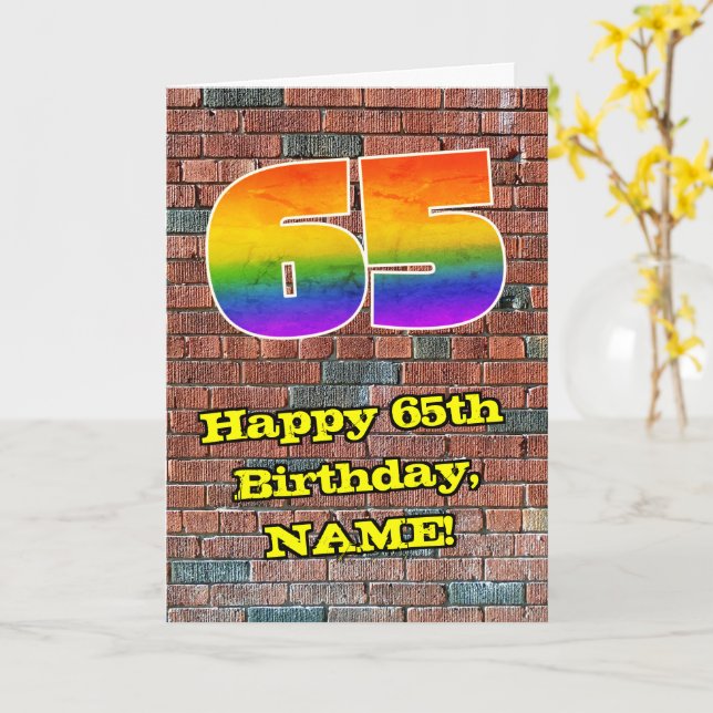 65e Födelsedag: Roligt Graffiti-Inspired Rainbow 6 Kort (Gul blomma)