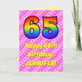 65e Födelsedag: Rosa Rand & Hearts, regnbåge nr 65 Kort