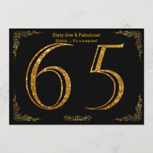 65e Födelsedagsfest,Gatsby styl,svart guld glitter Inbjudningar