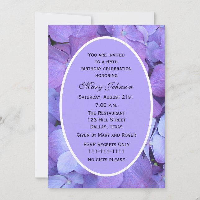 65e Födelsedagsfest inbjudan Hydrangea (Framsida)