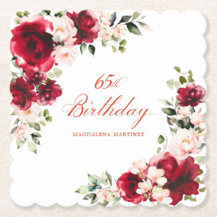 65e Födelsedagsfest Red Rosa Blommigt Anpassningsb Underlägg Papper