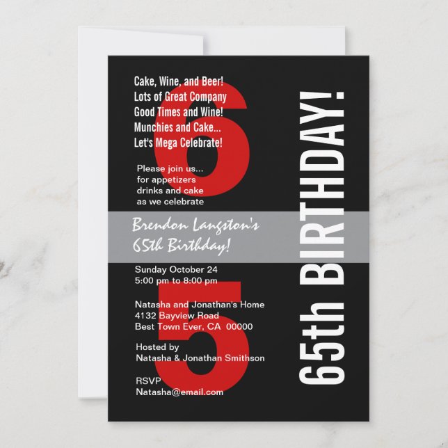 65e Modern Birthday Black White-mall A08A Inbjudningar (Framsida)