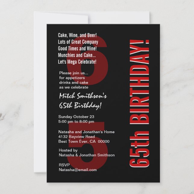 65e Modern svart, vit födelsedagsmodell Inbjudningar (Framsida)
