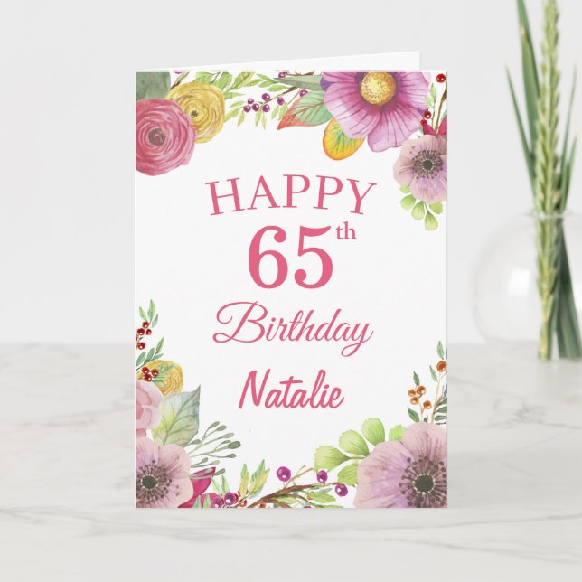 65e Rosa-kort för vattenfärgsblommor Blommigt på f Kort (Framsida)
