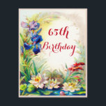 65e Vintage under födelsedagen Waterlilies och Iri Inbjudningar<br><div class="desc">65ens födelsedag vintagar, lilja dynor och iris blommor anpassningsbar inbjudan. Mall för inbjudan till anpassningsbar för kvinnors elegant, personlig, blommigt 65e födelsedagsfest firande, med vackra, antika och botaniska konstillustrationer av en blå vintage-damm med vatten vattenlök och blåa iris-blommor. Whimsical, finare, curly, swirly, cursive, calligraphy script anpassade rosa font. Snyggt, finare,...</div>