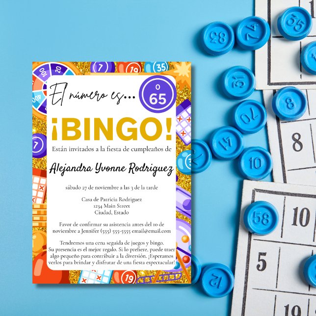 65en Bingo & Games Guld, spanska färgämnet, födels Inbjudningar (Skapare uppladdad)