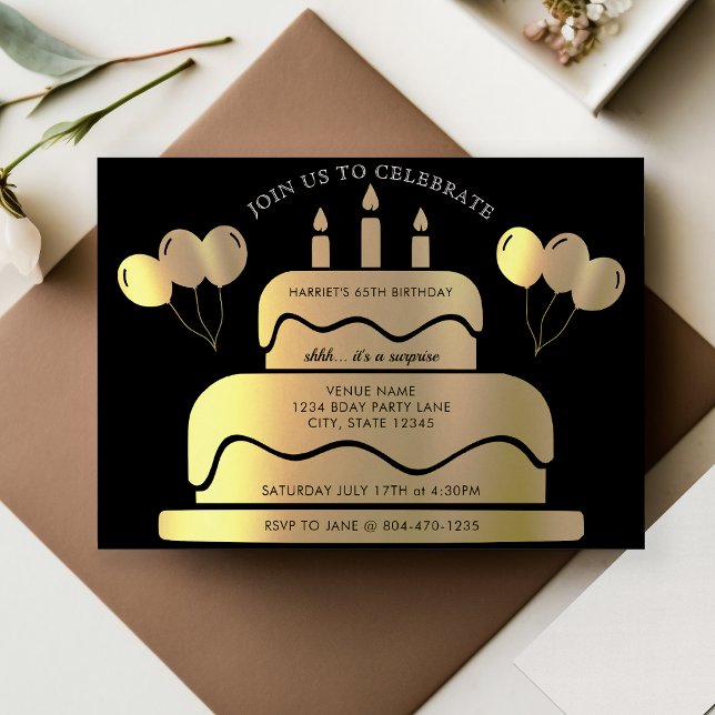 65en Black & Guld Cake Balloons (Svart och) Inbjudningar (Black & Gold Cake Balloons 65th Birthday Invitation)