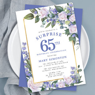 65en Blue White Blommigt Birthday Surprise Party Inbjudningar