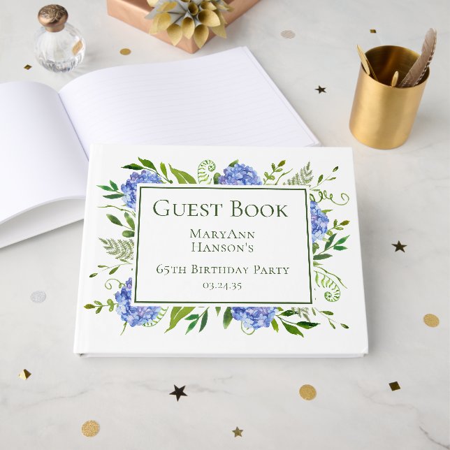 65th Birthday Blue Hydrangeas Gästböcker (Framsida Öppen)