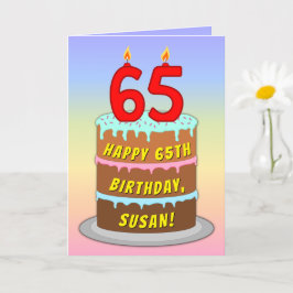 65th Birthday — Fun Cake & Candles, w/ Custom Name Kort