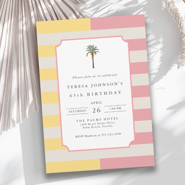 65th Birthday Palm Beach Pastel Stripe Tropical Inbjudningar (Available in both printed and instant download digital formats.)