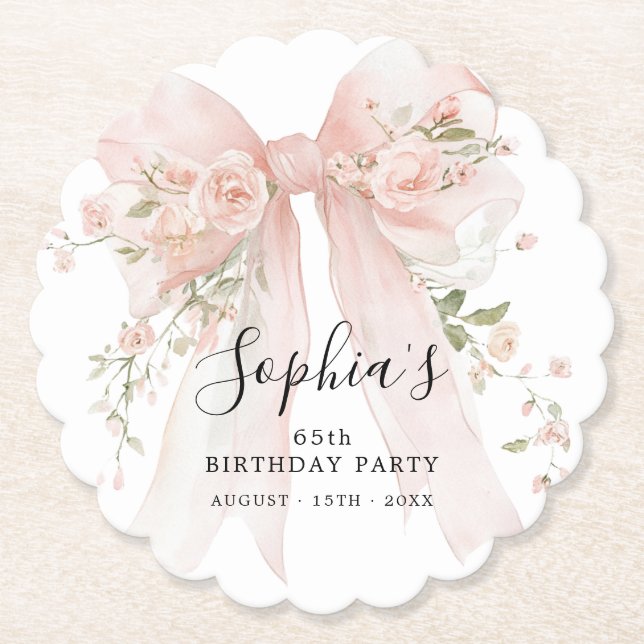 65th Birthday Party Pink Bow with Roses Underlägg Papper (Framsida)