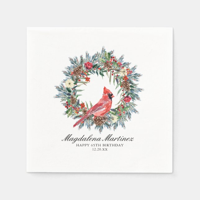 65th Birthday Red Cardinal Wreath Custom Cocktail Pappersservett (Framsidan)