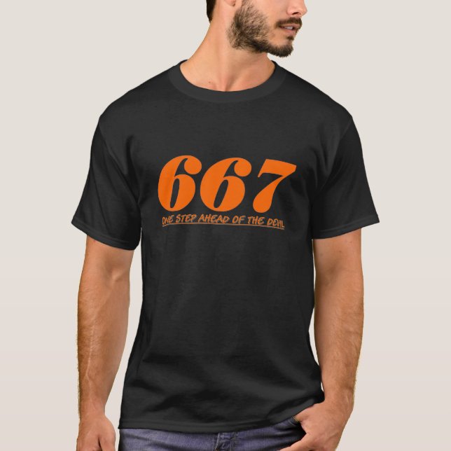 667 - One Step Ahead Of The Devil - Orange Tee (Framsida)