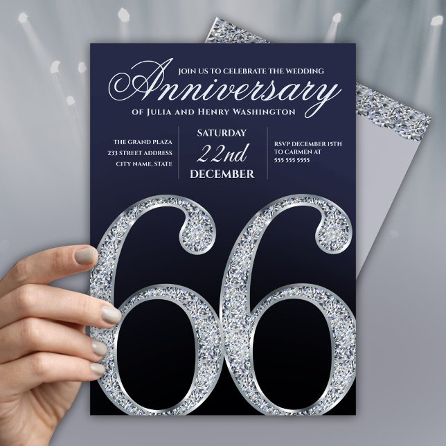 66-årsjubileum Diamant Silver Marinblå Modern Inbjudningar (Skapare uppladdad)